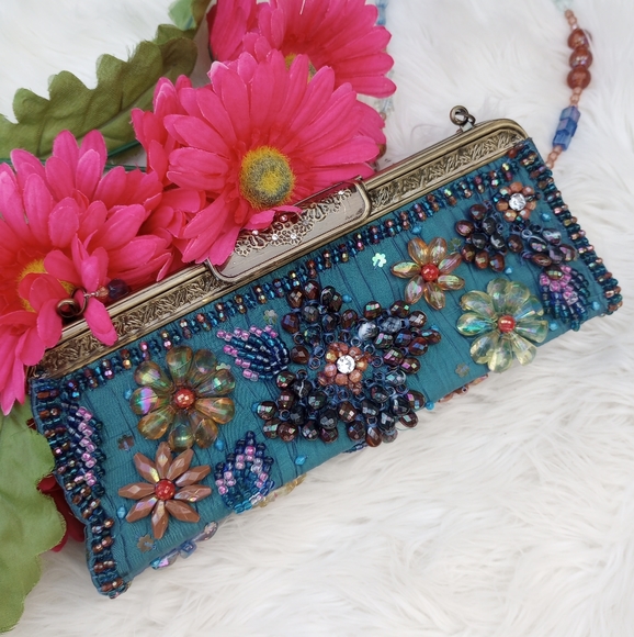 Mary Frances Handbags - Mary Frances Beaded Applique Floral Iridescent Teal Bag